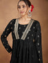 Janasya Women's Black Georgette Embellished Foil Printed Front-open Tiered Kurta Pant Set